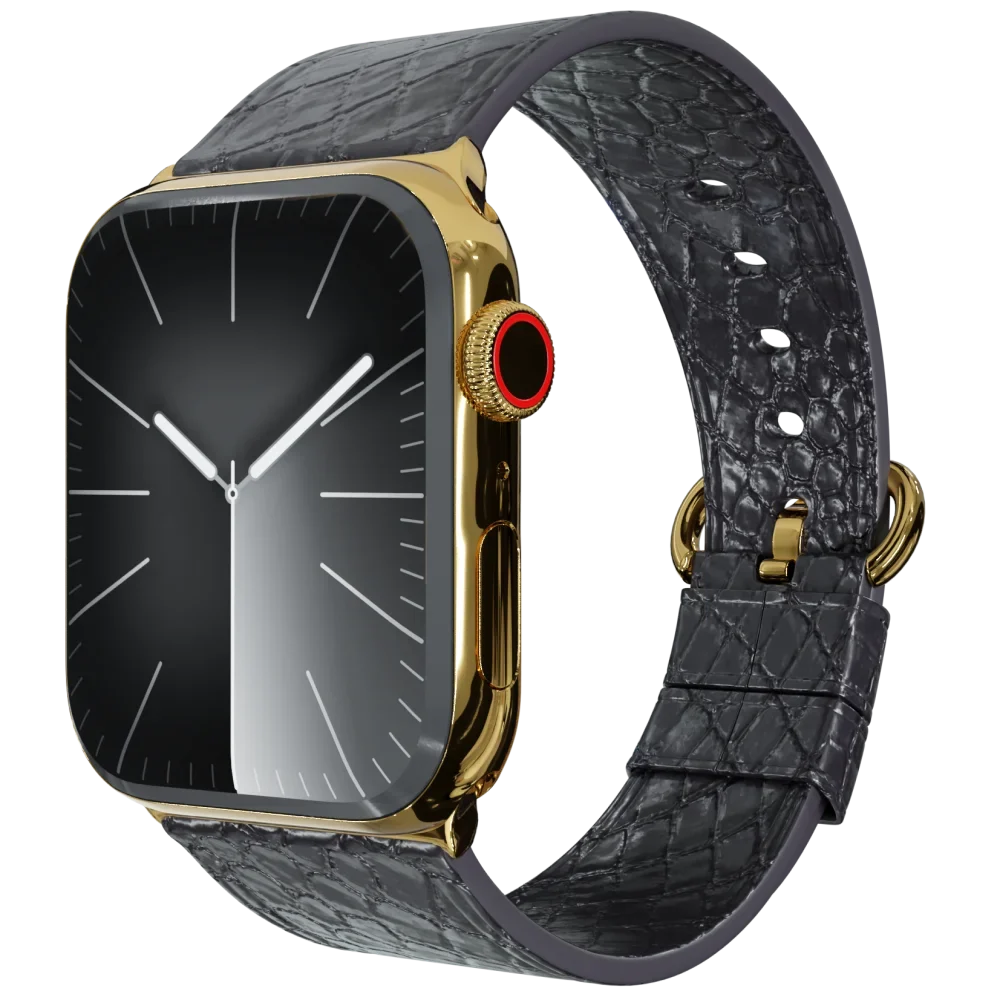 Gold Apple Watch 11 with Black Python Strap.webp Gold Apple Watch 11 with Black Python Strap.webp