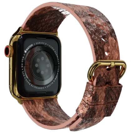 Gold Apple Watch 9 with Brown Python Strap back.webp